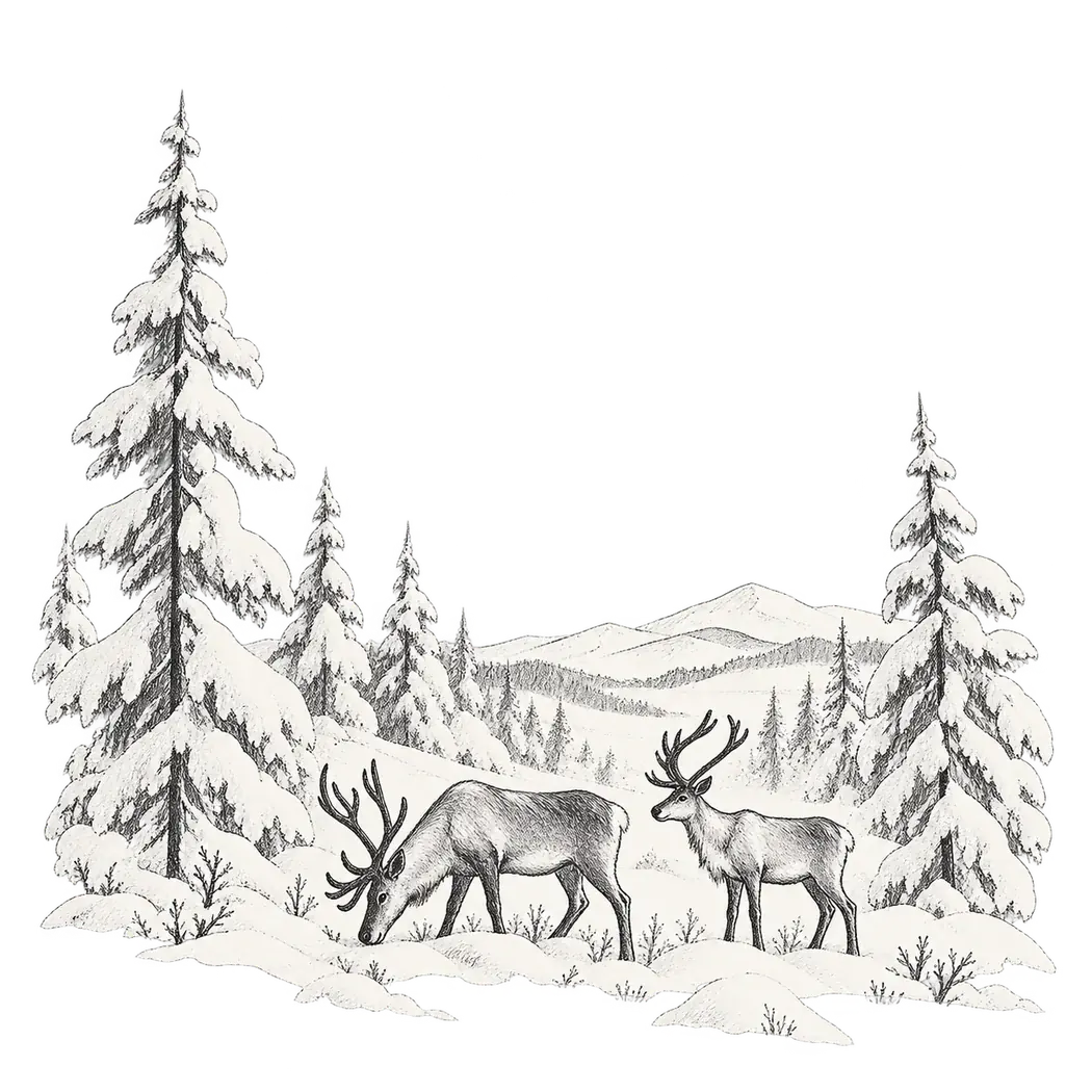 Winter illustration of snowy pines, Lapland hills and reindeer