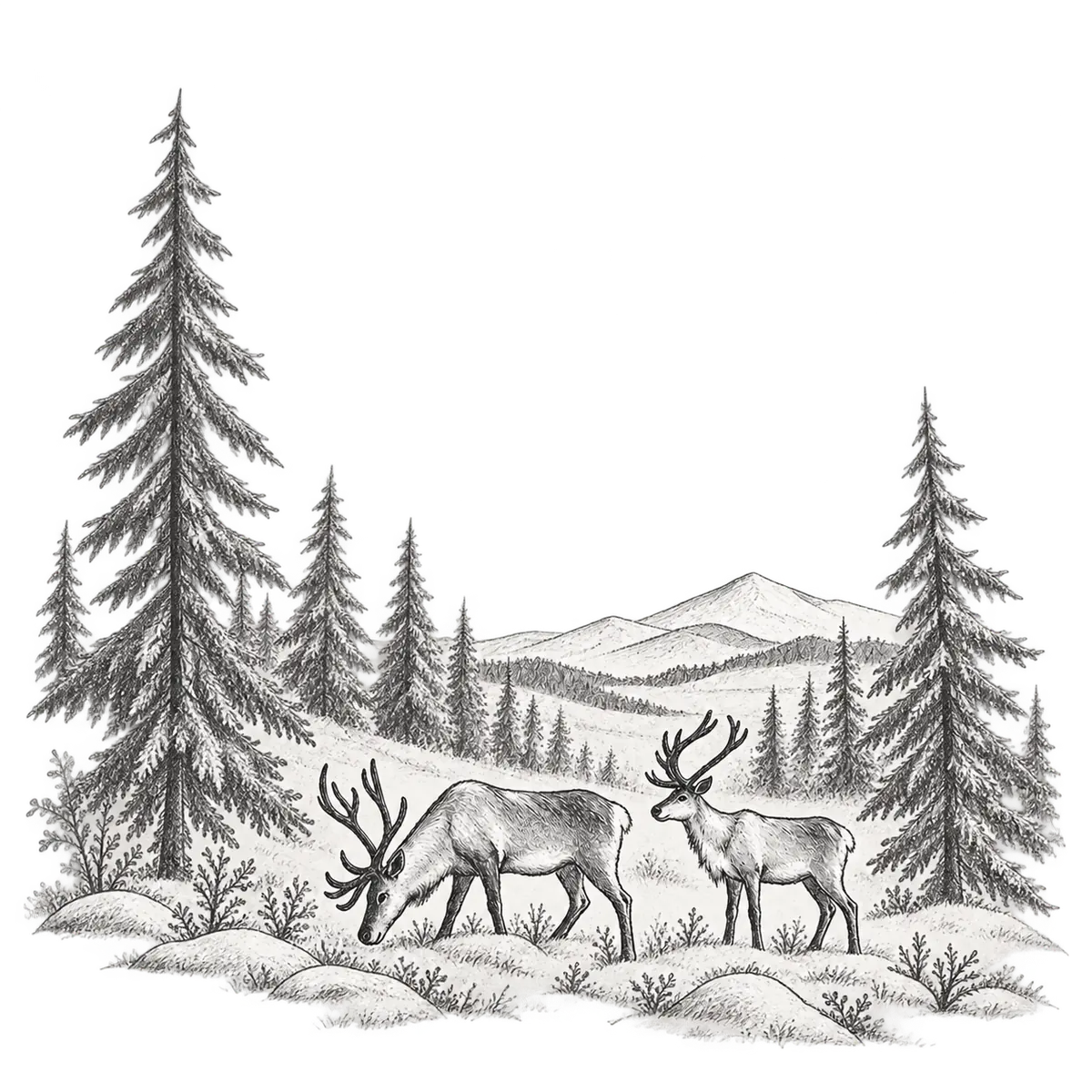 Summer illustration of Lapland forest, hills and reindeer