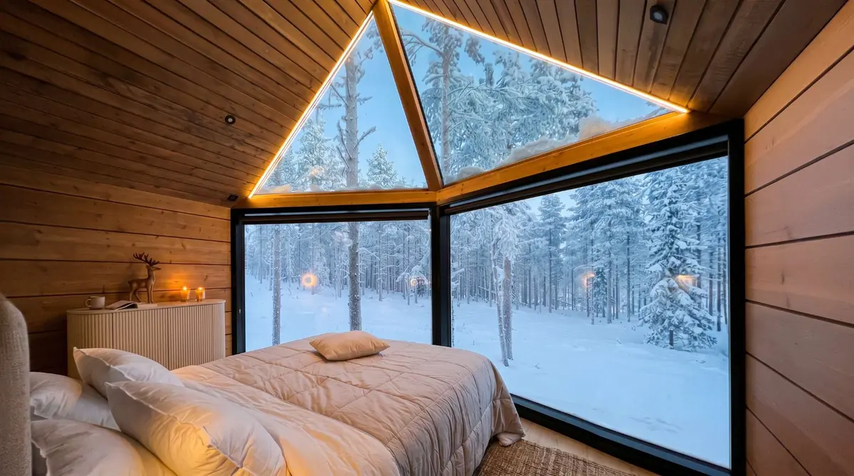 Cozy glass-roof bedroom with snowy forest views