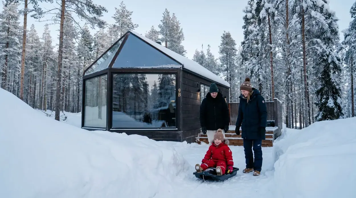Family discovering winter outside the Nordic Star igloos