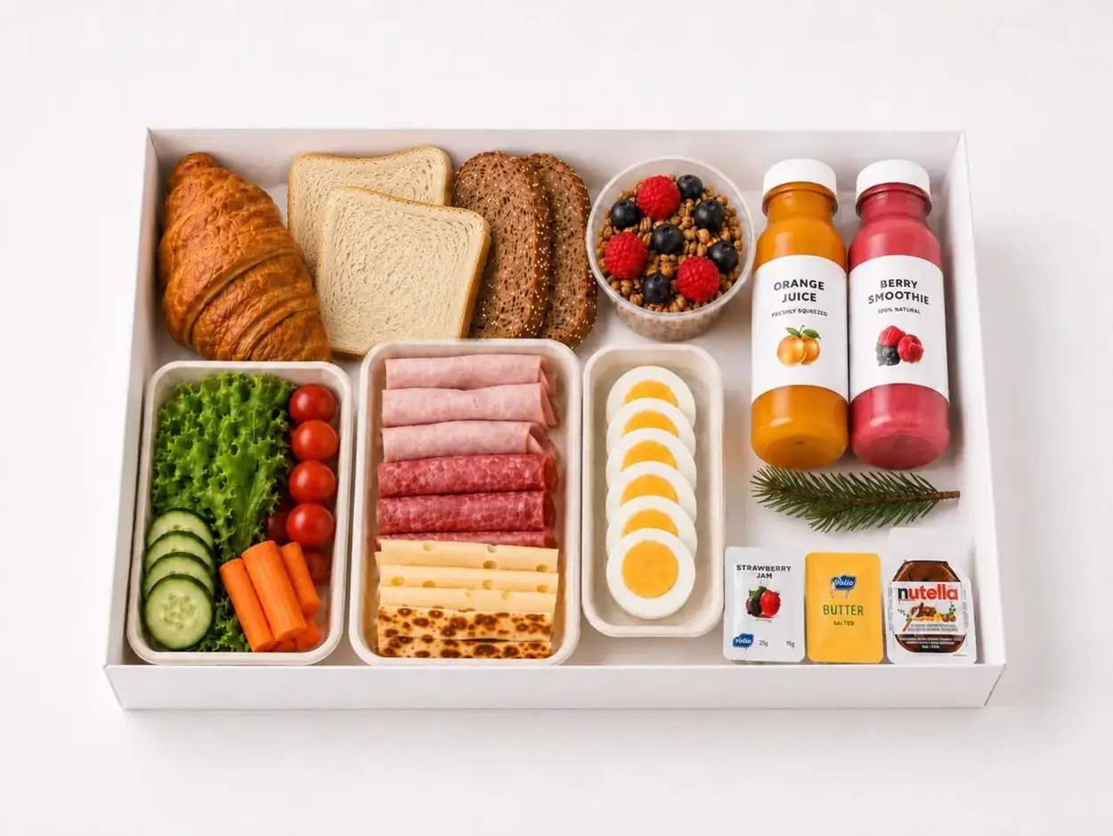 Nordic breakfast box with pastries, bread, eggs, berries, juice, vegetables and cold cuts