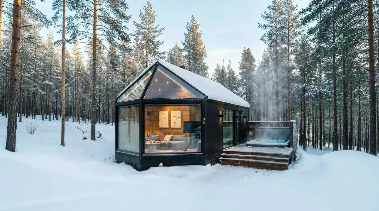 A glass-roof igloo surrounded by a snowy Lapland forest
