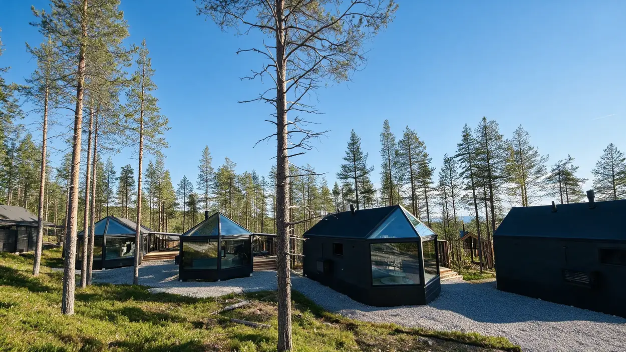 Nordic Star glass igloos nestled among green summer pine trees
